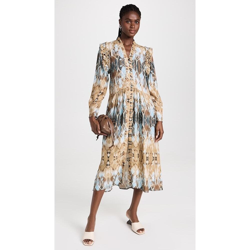 Atelier 17.56 Octtavia Dress L NWT Silk Twill Midi Blue Print